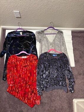 BINDLE Chico's Red Patterned Asymmetrical Crewneck Sweater